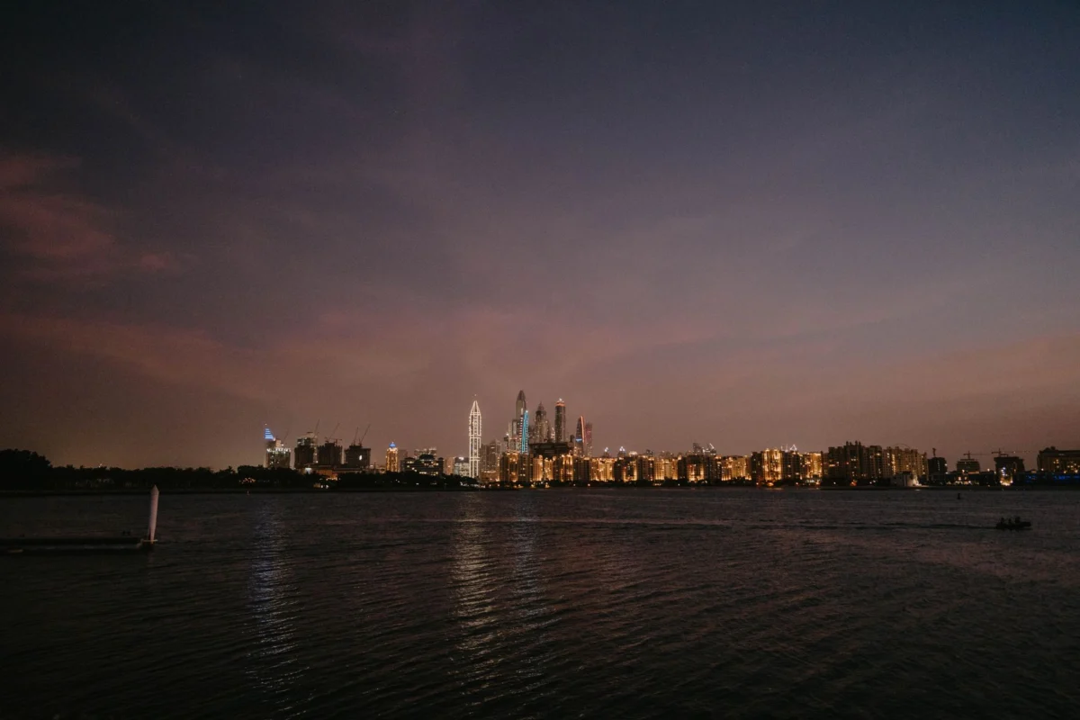 Romantic view of Dubai skyline at sunset