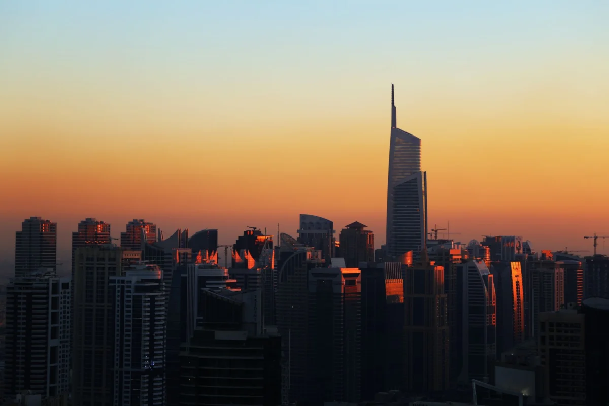 Dubai skyline with Burj Khalifa during sunset