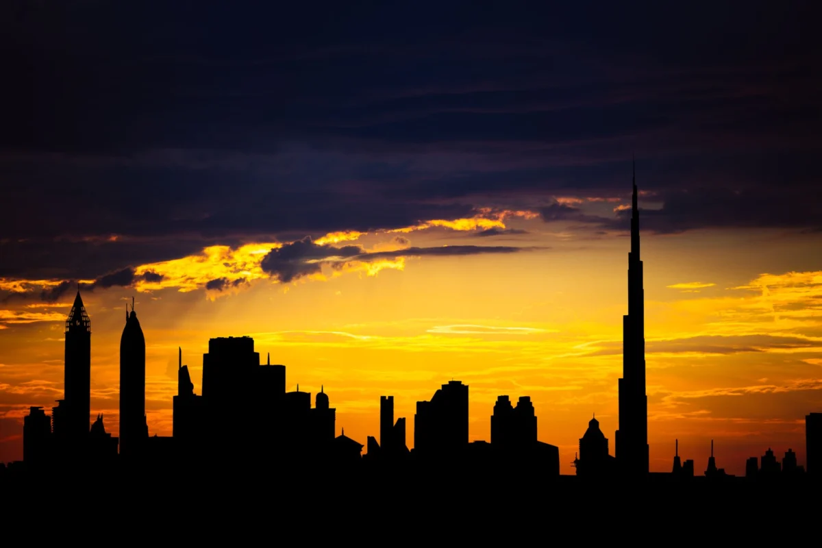 Magnificent night view of the Dubai skyline with iconic buildings