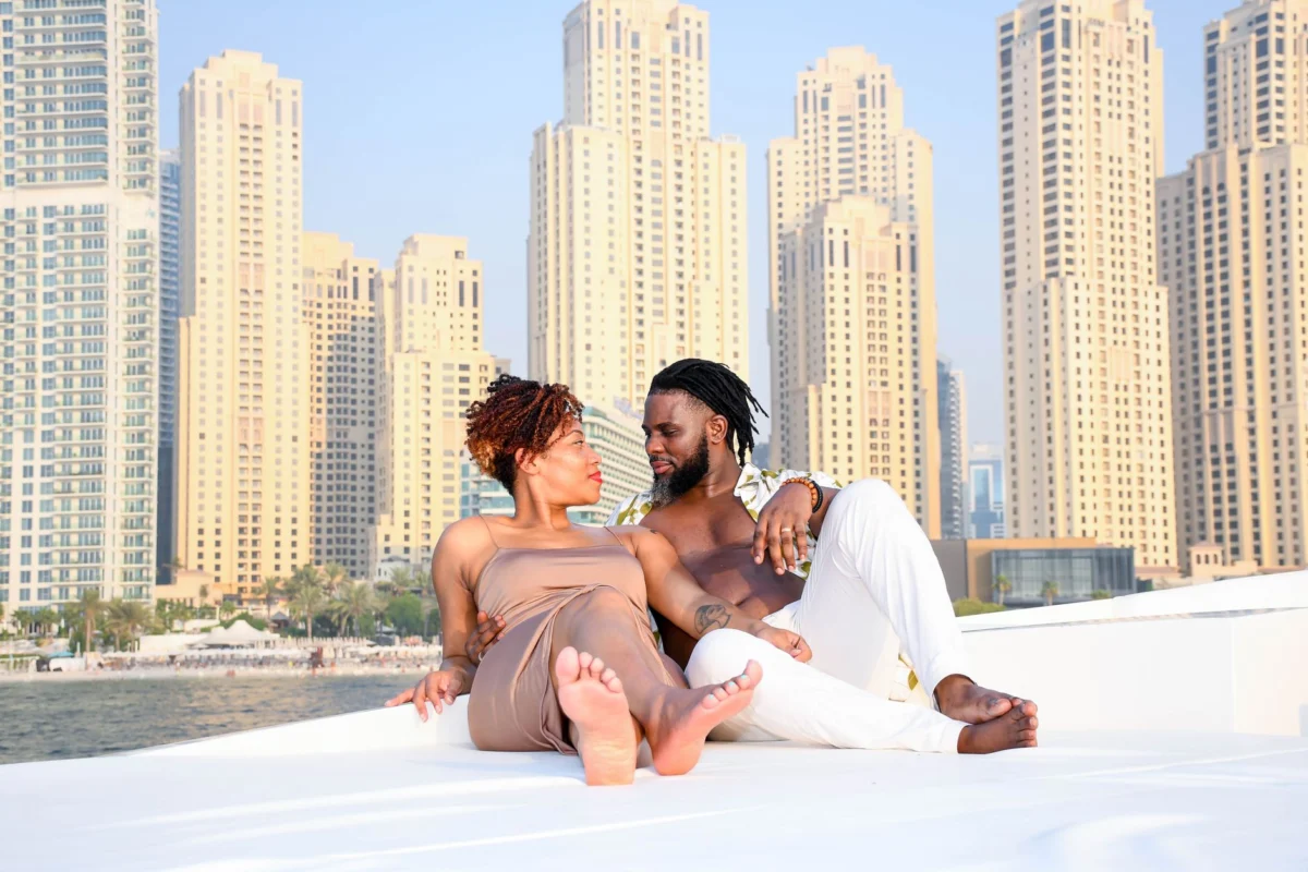 A romantic sunset over Dubai's skyline, perfect for couples
