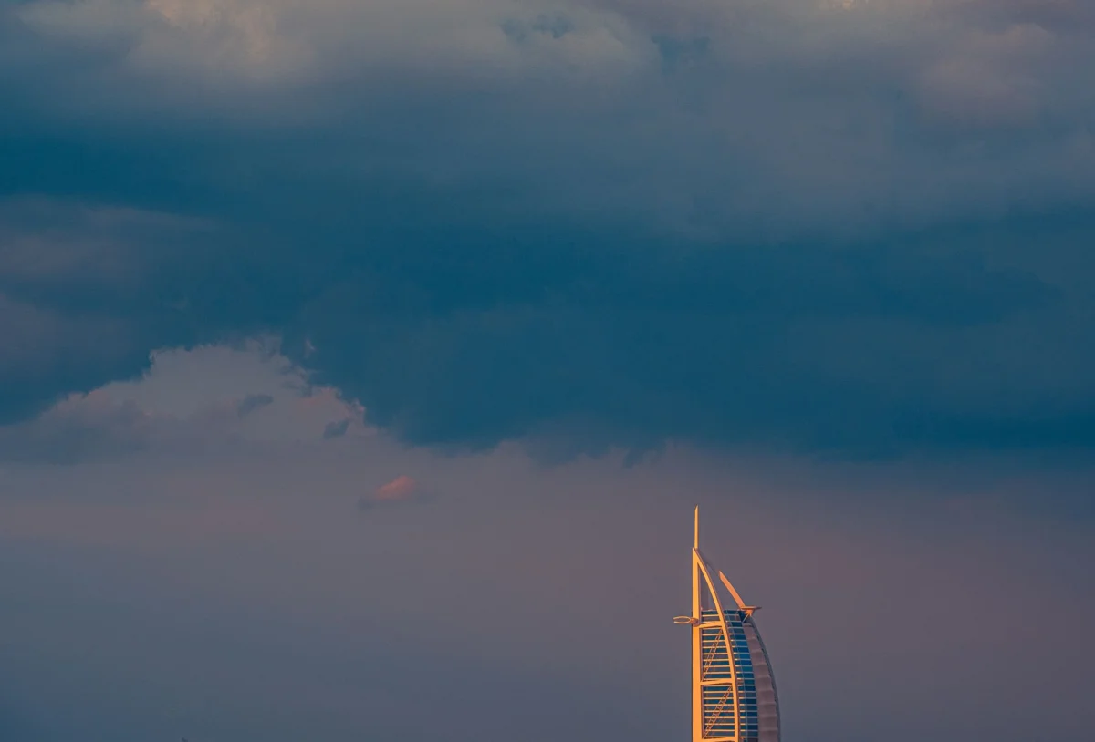Romantic sunset view of the Dubai skyline from a hotel