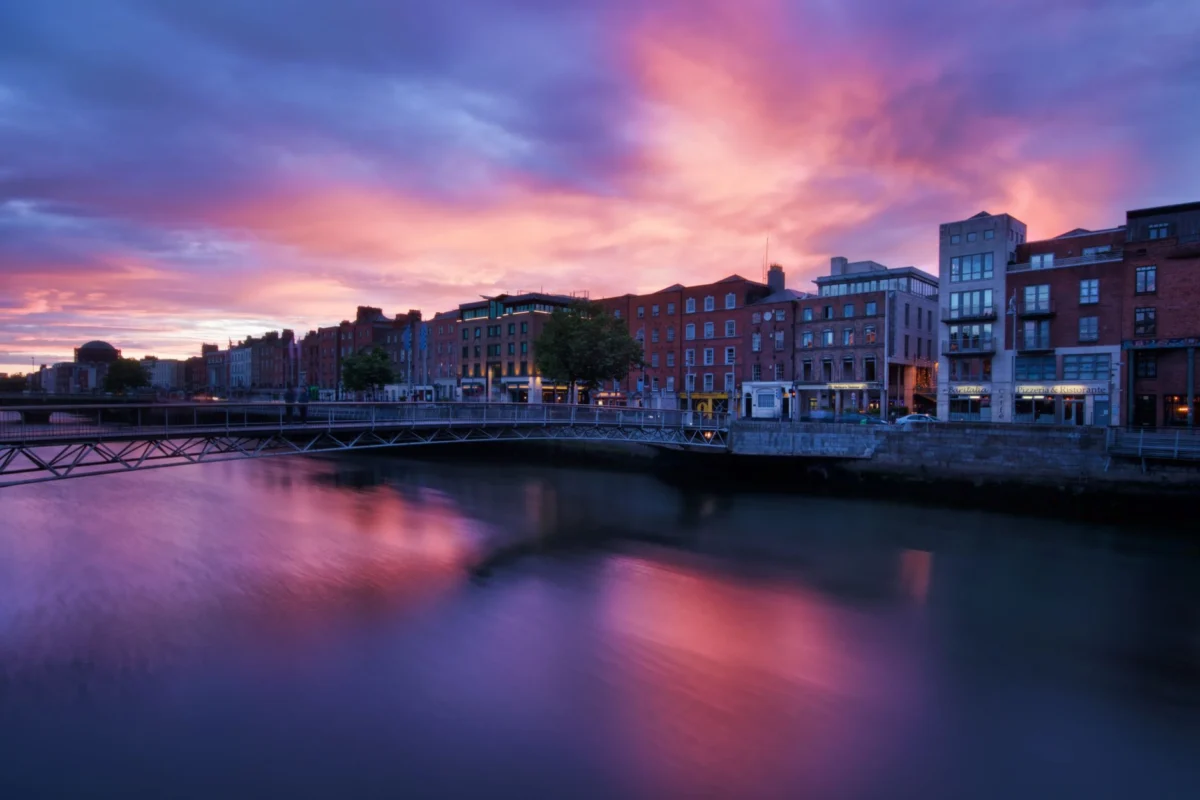 A romantic view of Dublin's iconic skyline at sunset