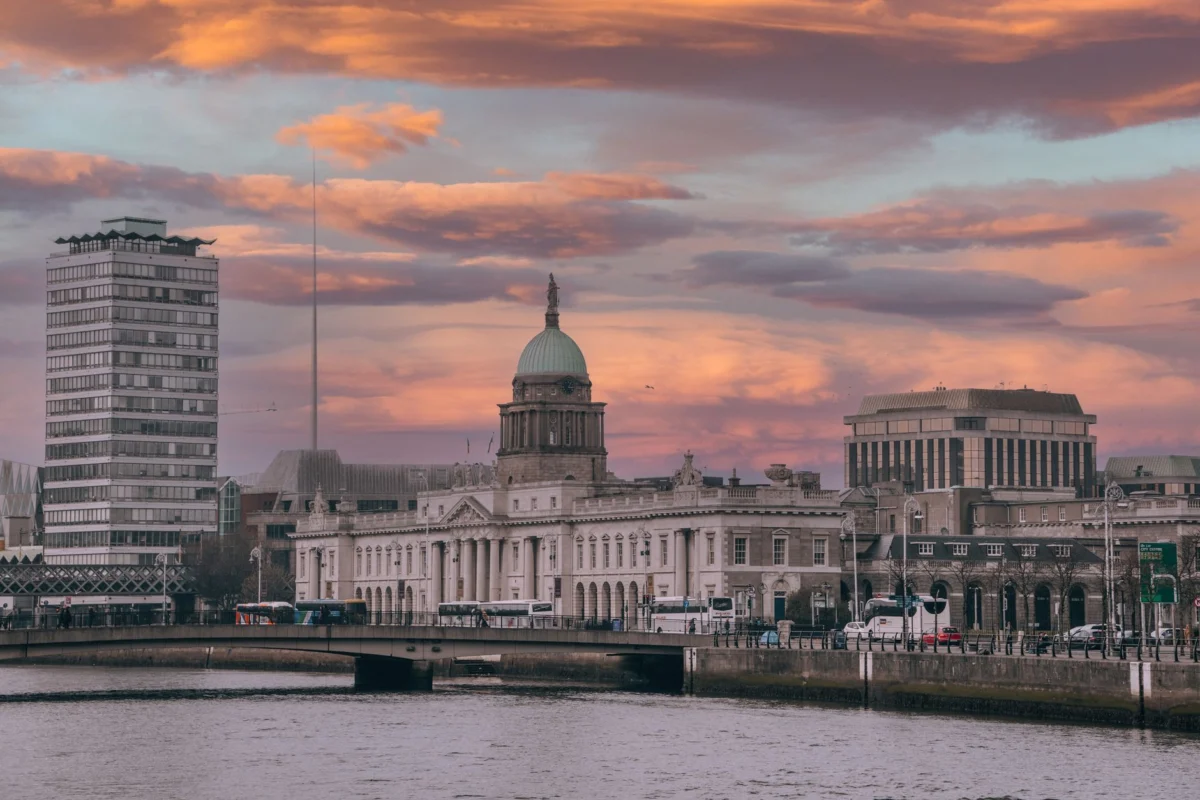 Dublin city skyline viewed at sunset, highlighting iconic landmarks
