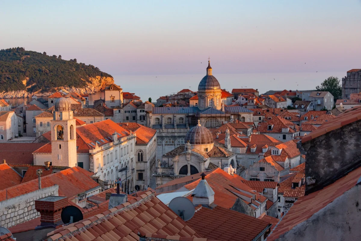 Scenic view of Dubrovnik's iconic cityscape at sunset