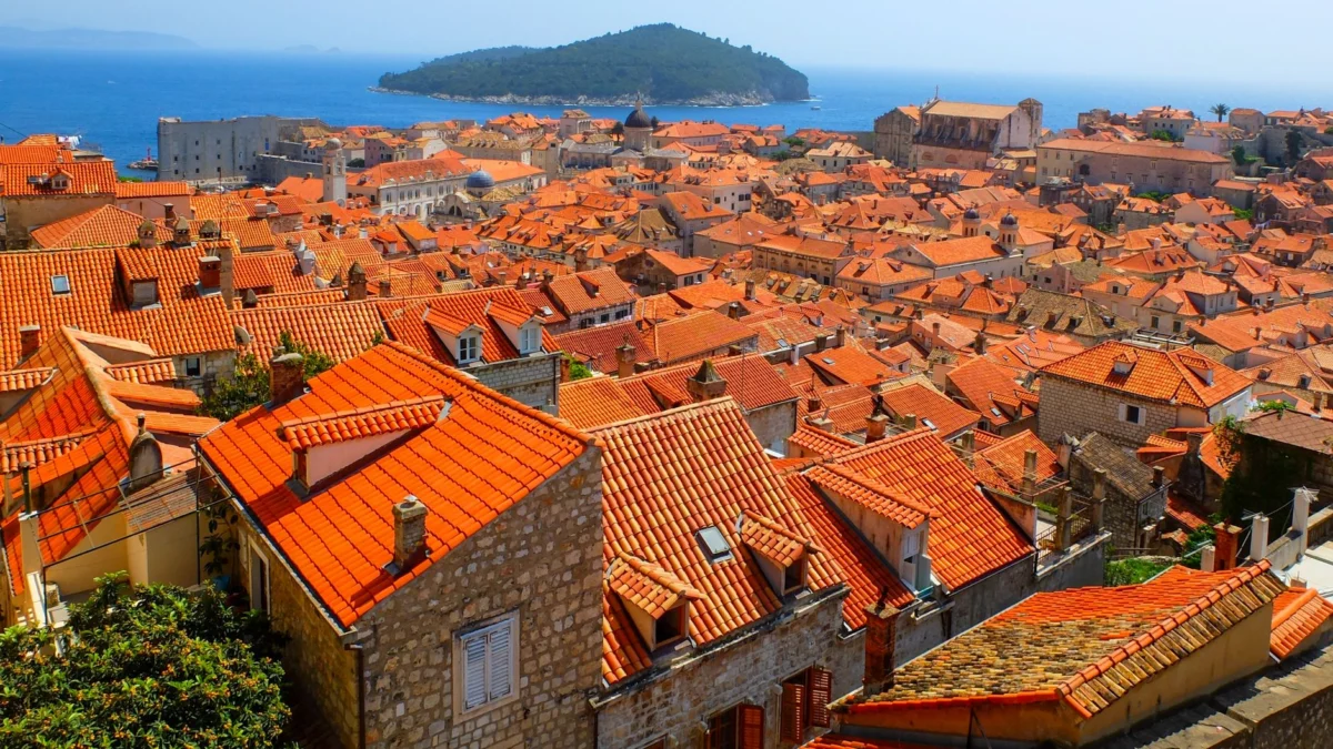 Aerial view of Dubrovnik's historic rooftops and Adriatic Sea