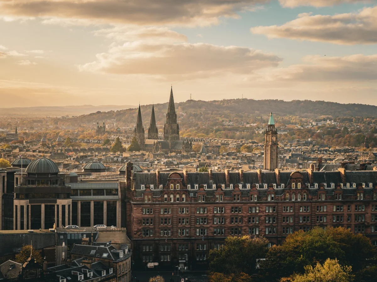Romantic evening view of Edinburgh skyline with historic landmarks
