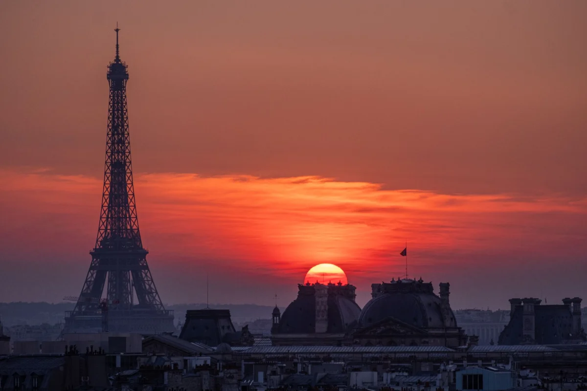 Paris Eiffel Tower skyline at sunset with luxurious ambiance