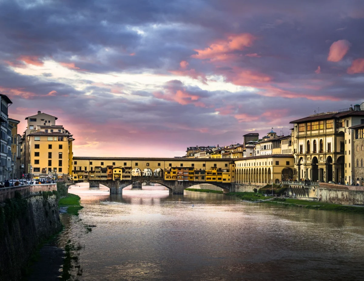 Romantic view of Florence with Ponte Vecchio at sunset