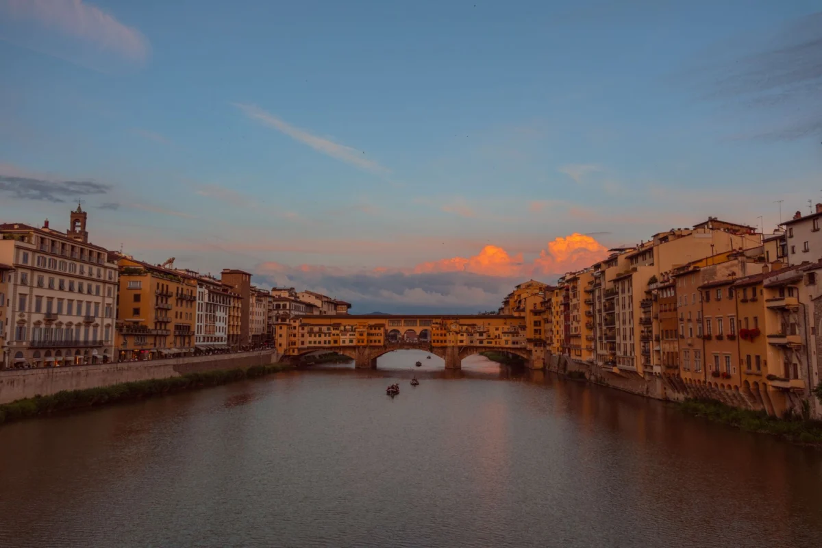 Romantic sunset view of the Ponte Vecchio in Florence