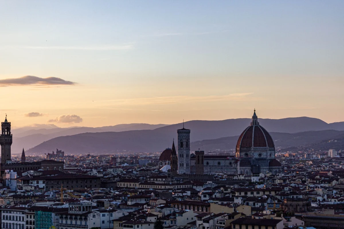 A romantic view of Florence's iconic skyline at sunset