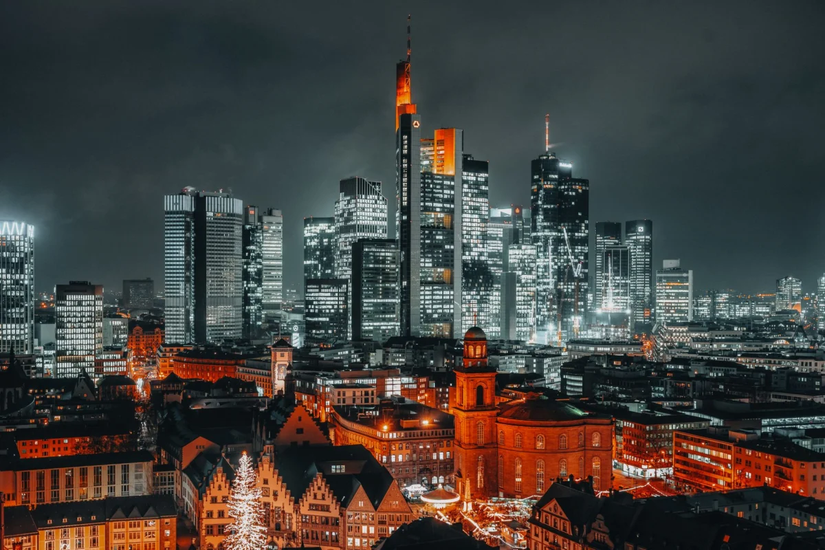 Romantic view of Frankfurt city skyline at dusk