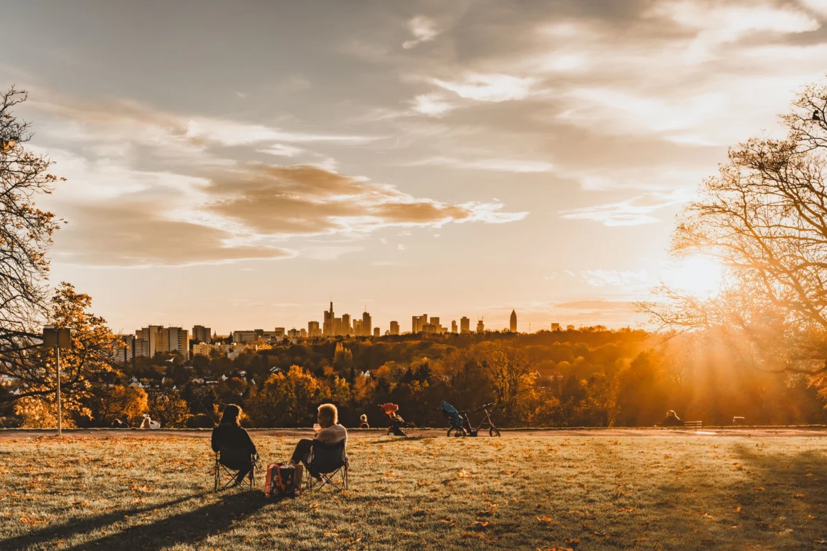 Romantic view of Frankfurt skyline at sunset