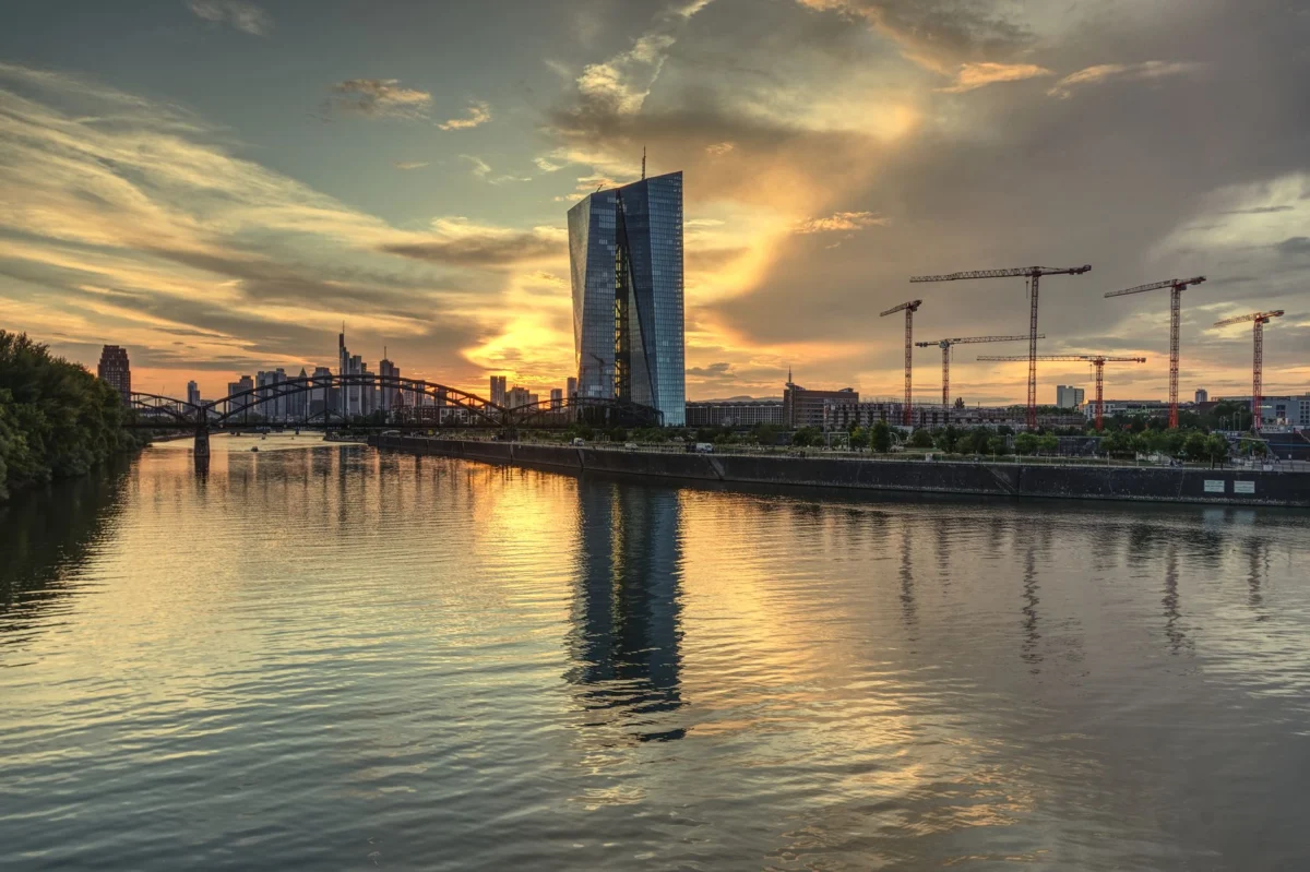Romantic view of Frankfurt skyline during sunset