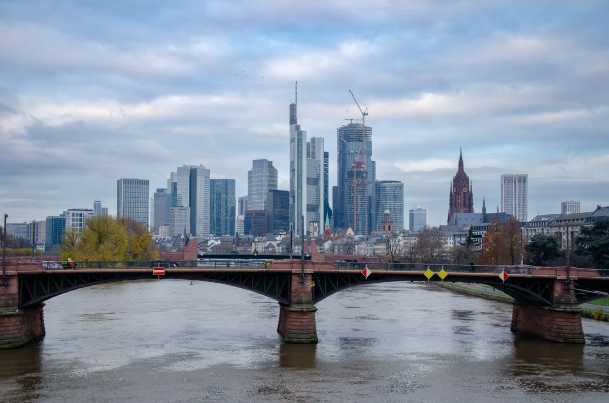 Romantic view of Frankfurt skyline at sunset