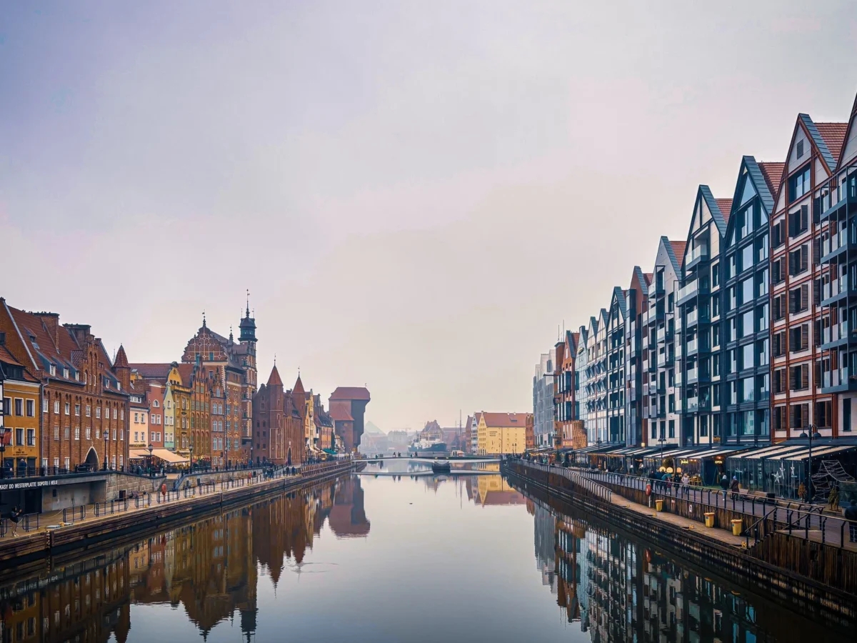 Romantic view of Gdansk skyline along the Motlawa River