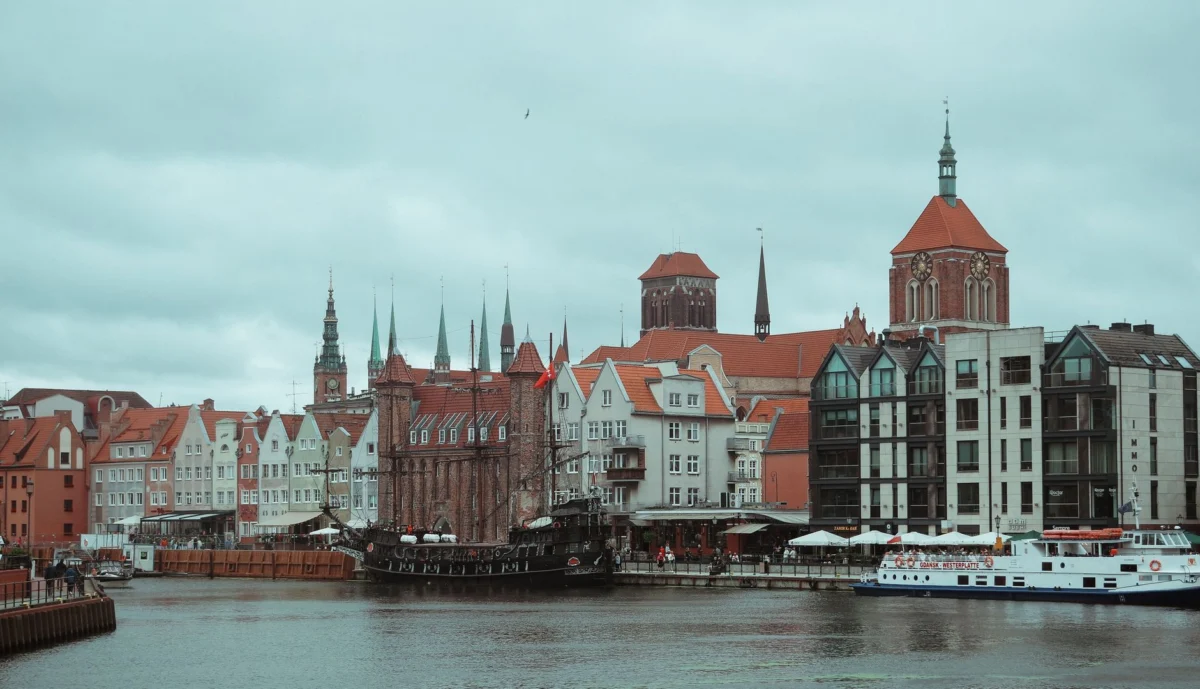 View of Gdansk's iconic riverside skyline with historic buildings