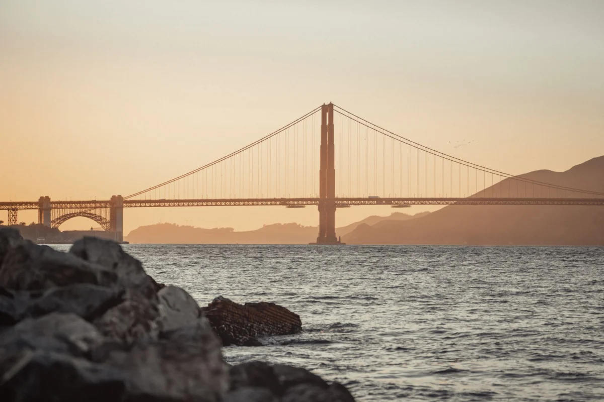 Golden Gate Bridge at sunset, San Francisco skyline