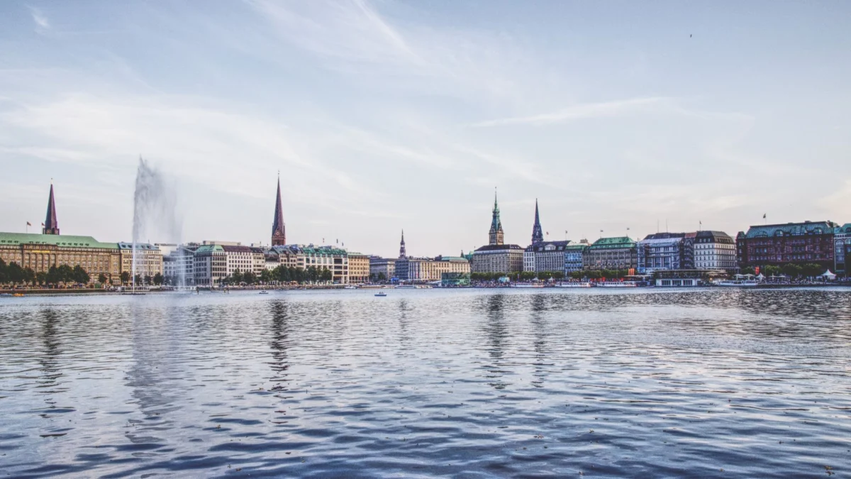 View of Hamburg's skyline with the Elbe River and historic architecture