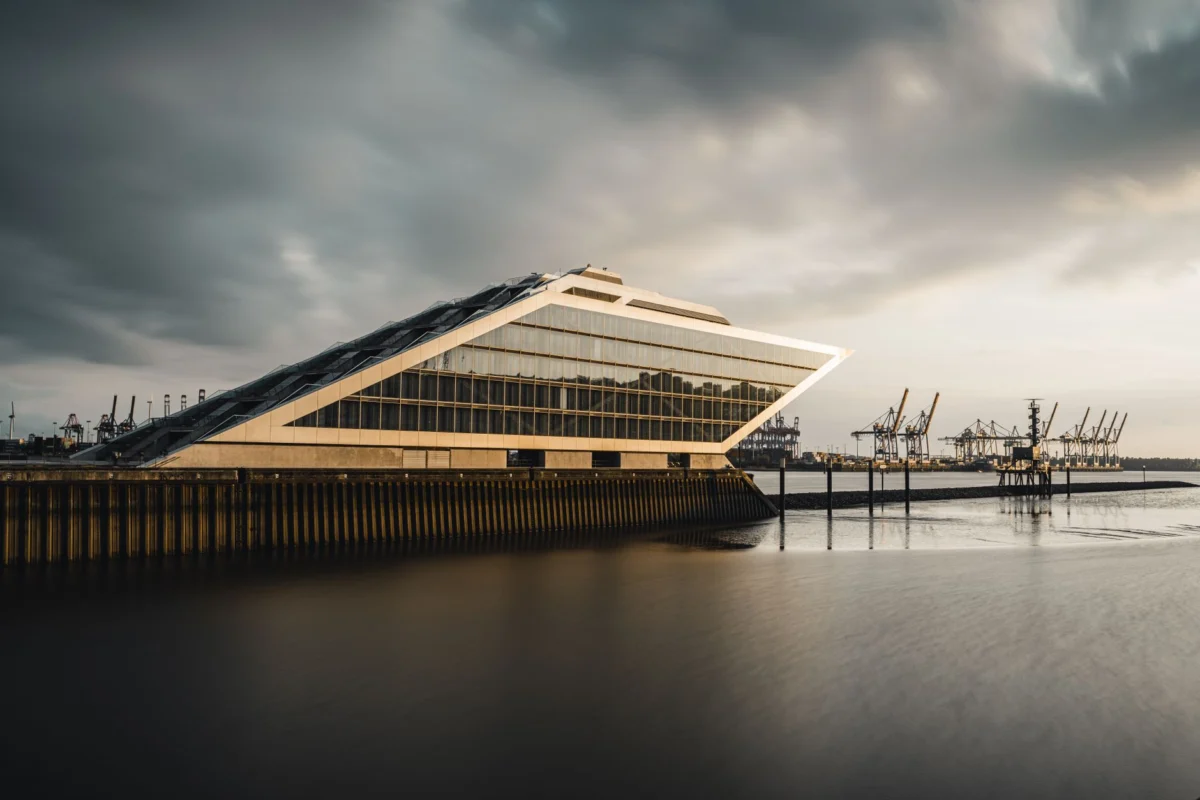 Romantic sunset over the Hamburg skyline with Elbe River