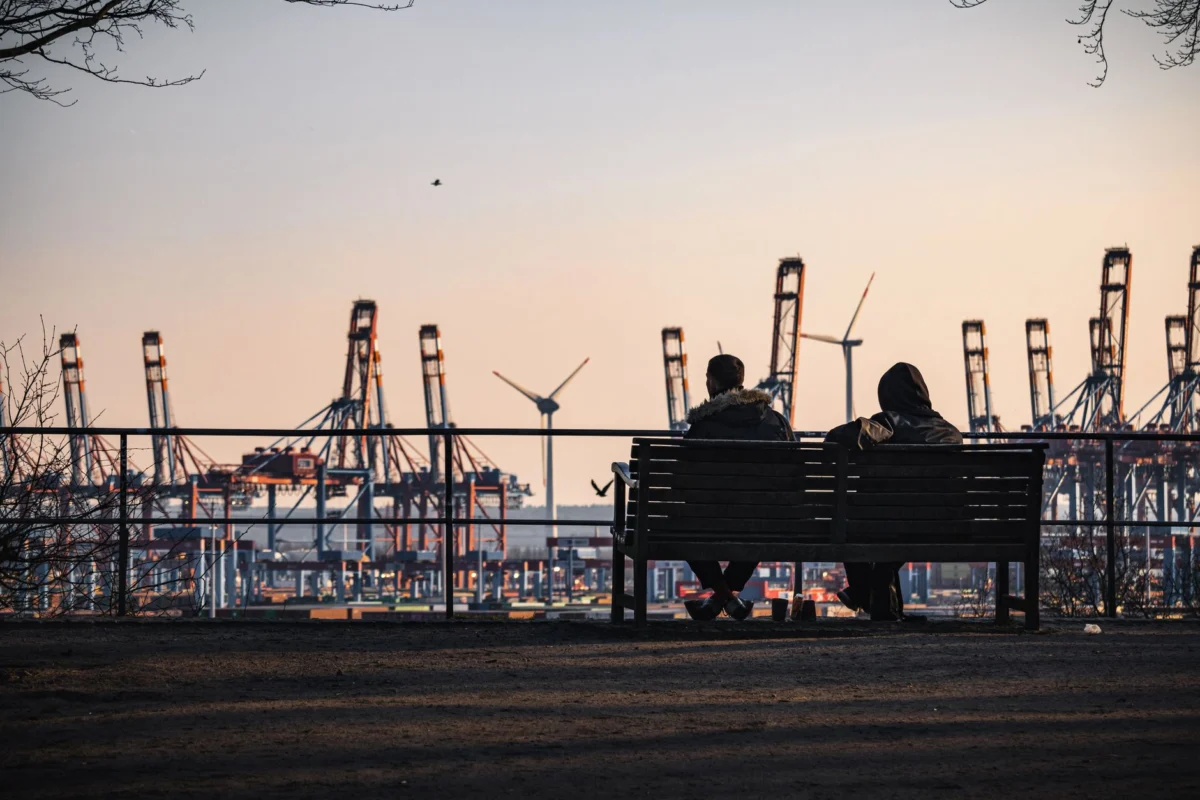 Romantic Hamburg skyline view over the harbor