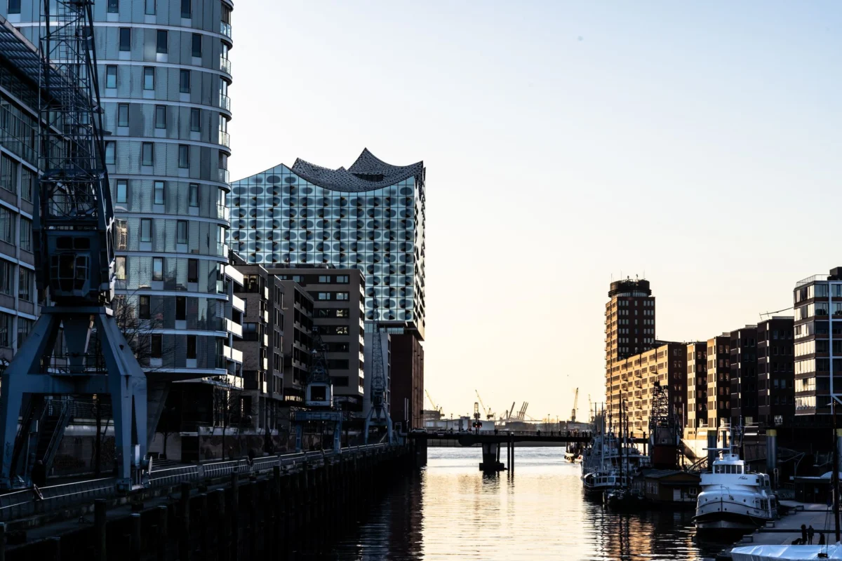 Romantic view of the Hamburg skyline at sunset