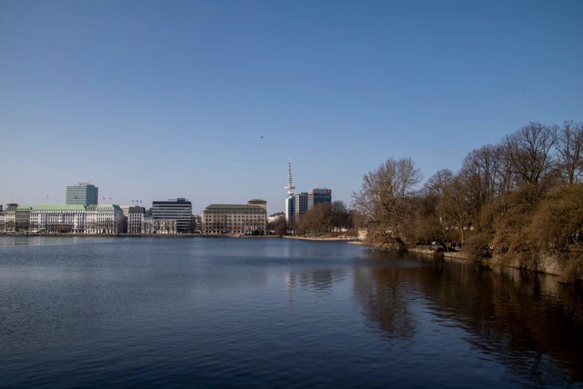 Stunning view of Hamburg's waterfront skyline at sunset