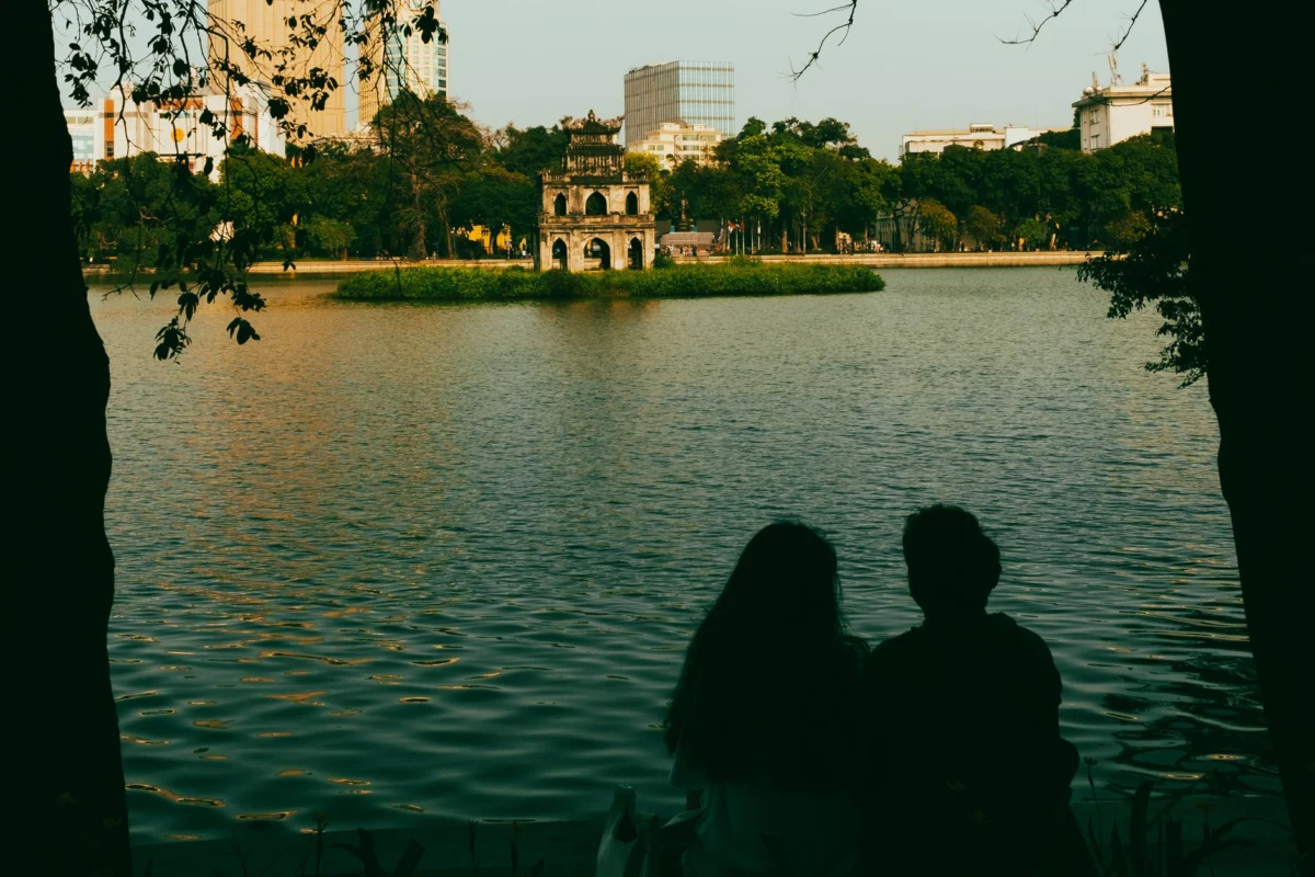 Romantic view of Hanoi skyline at sunset