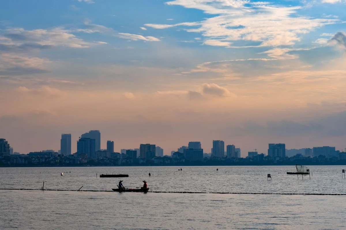 Romantic view of Hanoi skyline at sunset