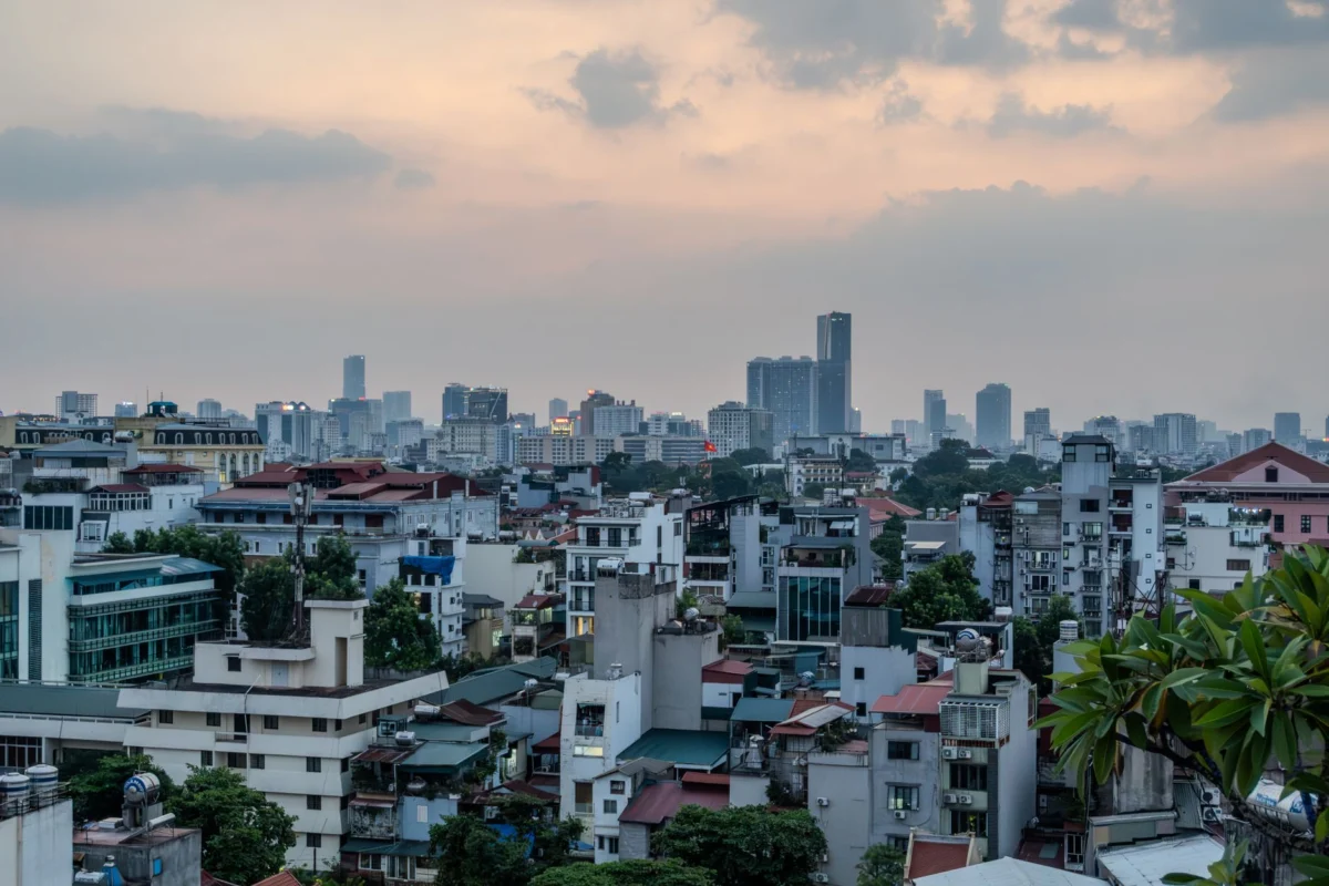 Scenic sunset rooftop view of Hanoi skyline
