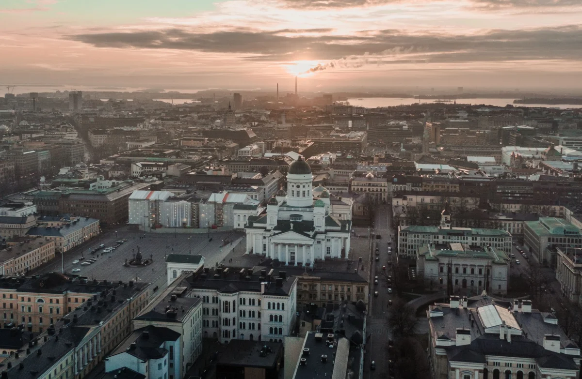 Evening cityscape of Helsinki showcasing its cultural landmarks