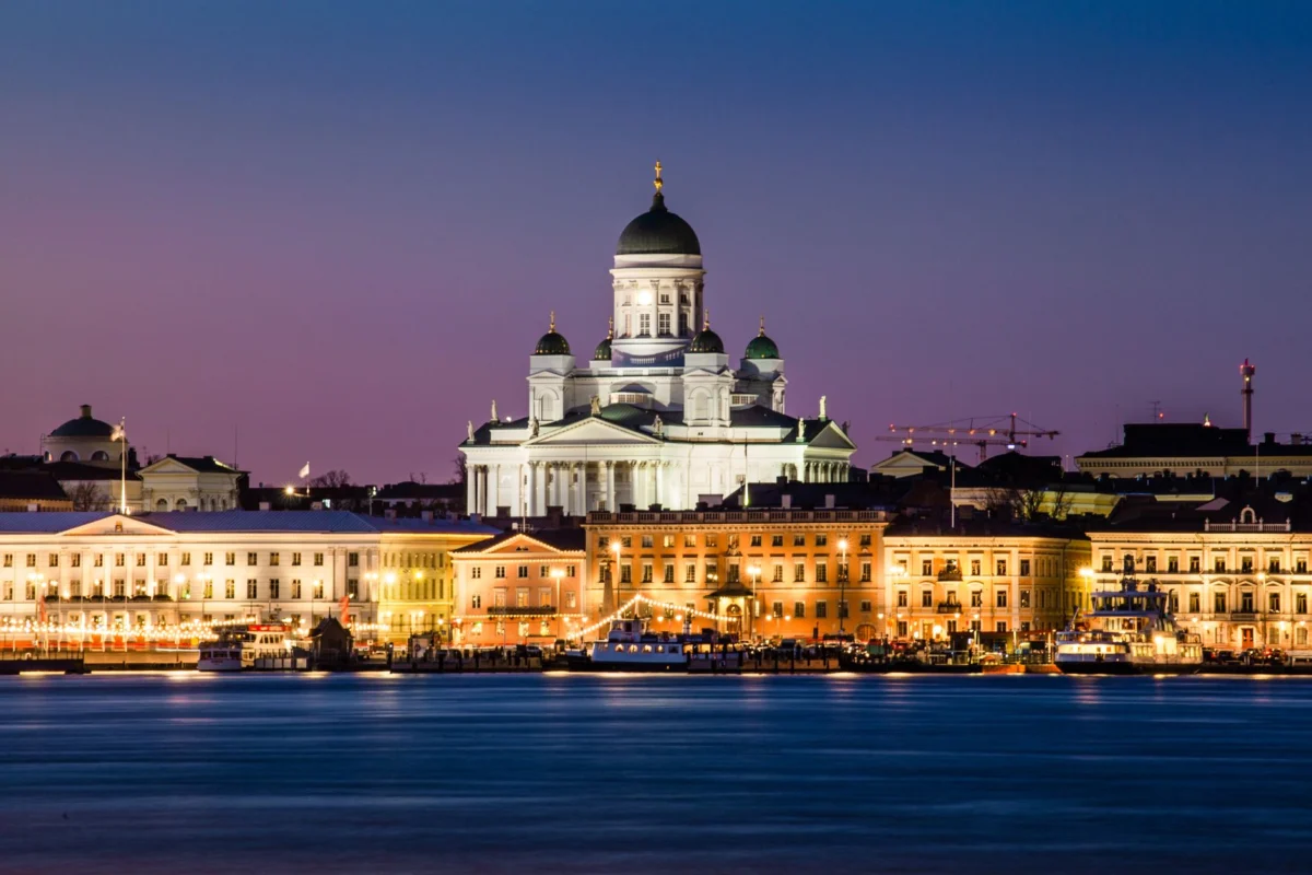 Twilight view of Helsinki's skyline showcasing iconic landmarks