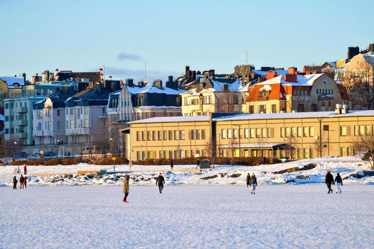 A romantic winter skyline of Helsinki with its iconic landmarks