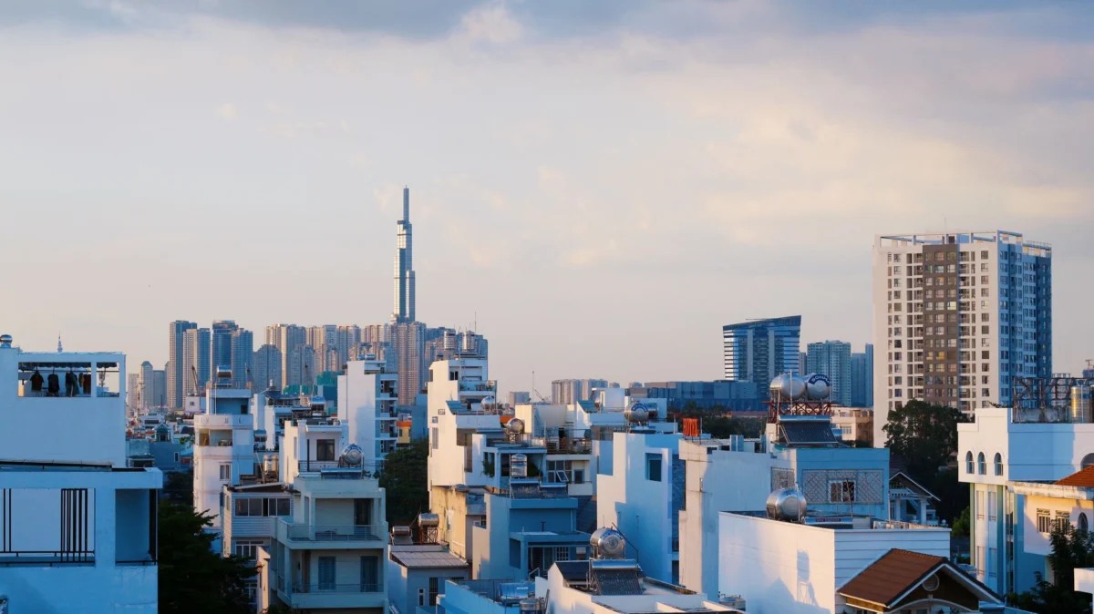 The iconic skyline of Ho Chi Minh City at sunset