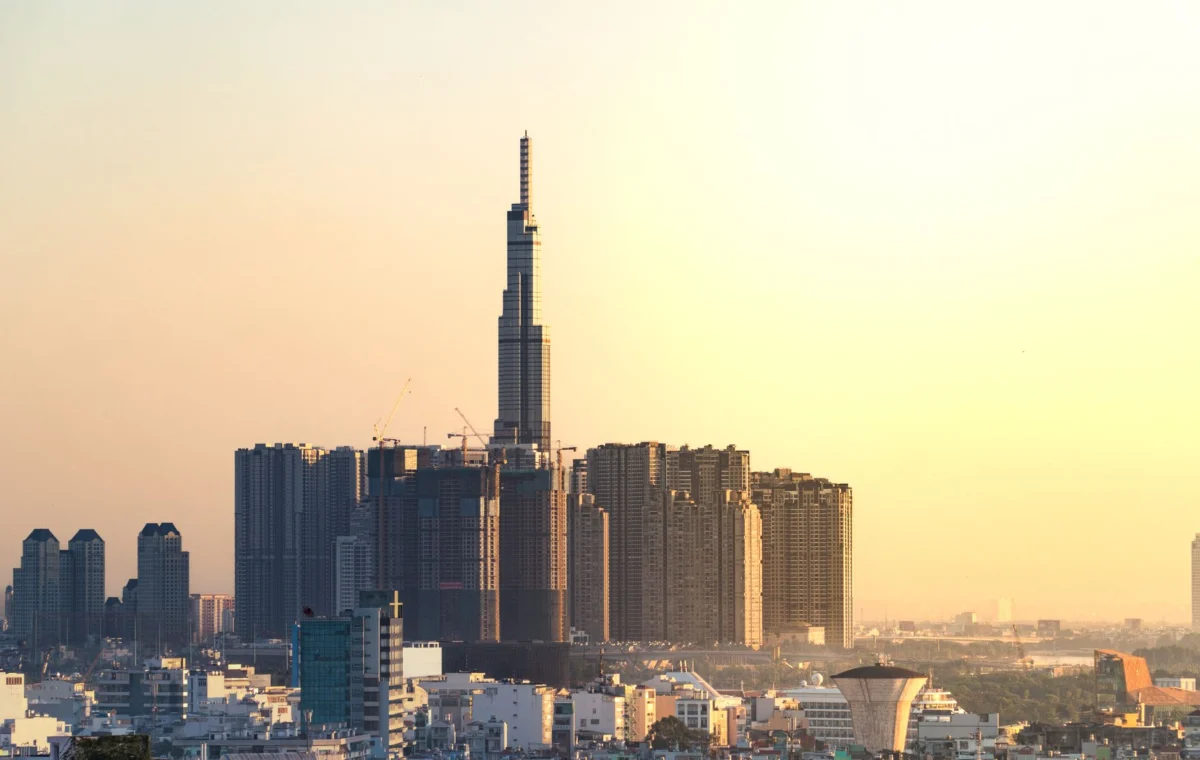 A panoramic view of the Ho Chi Minh City skyline at sunset