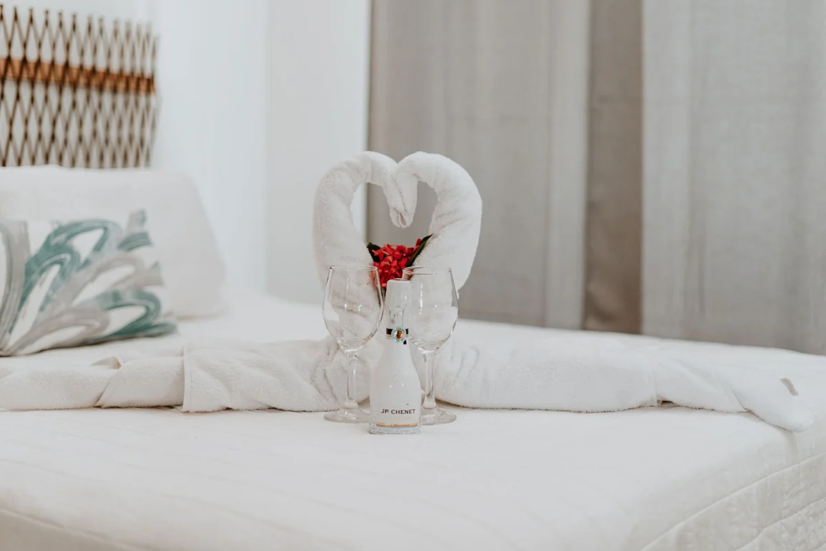 A luxurious honeymoon hotel suite overlooking lush greenery in Bali
