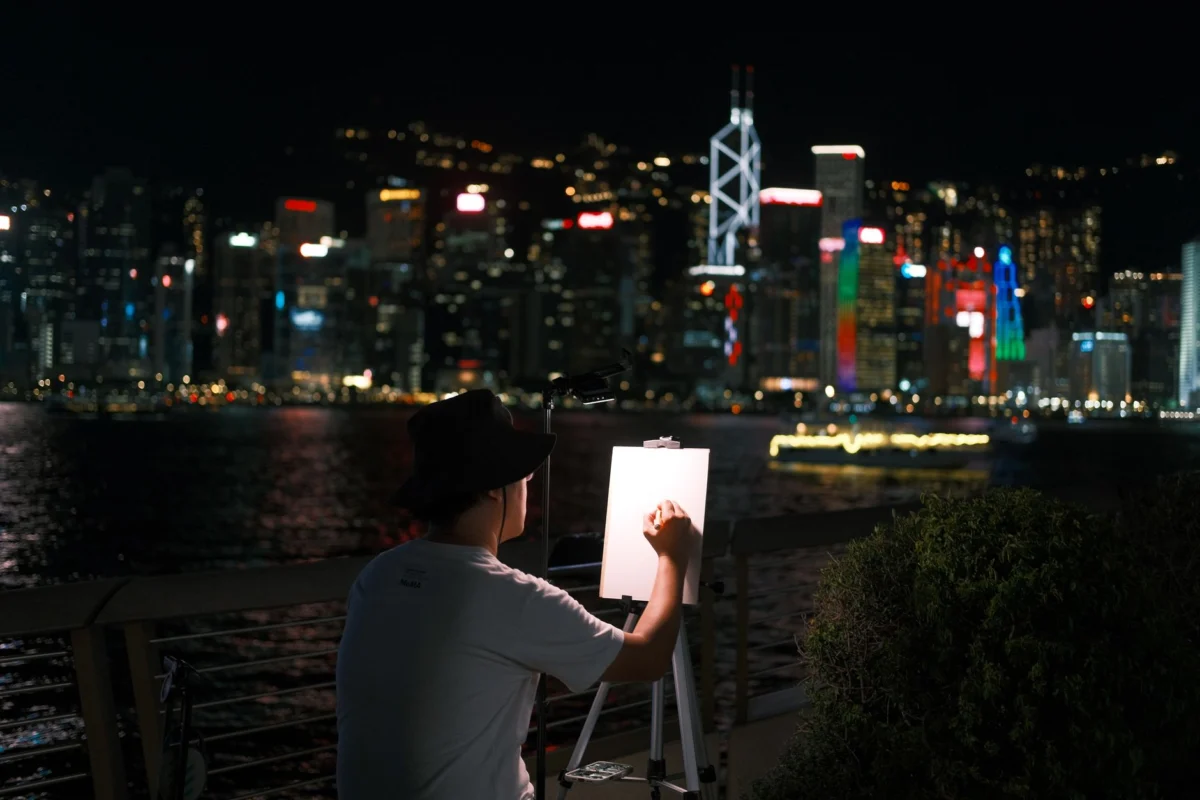 A stunning view of the Hong Kong skyline featuring nearby art galleries