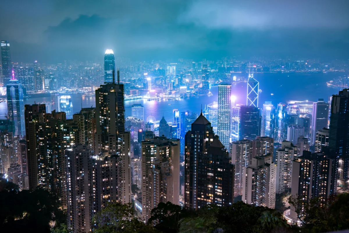 Hong Kong skyline illuminated at night with fireworks