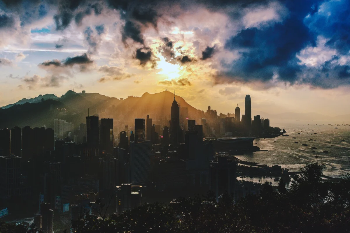 Romantic sunset view of Hong Kong skyline