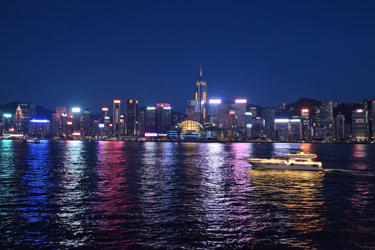 Luxurious Hong Kong skyscrapers against a night sky