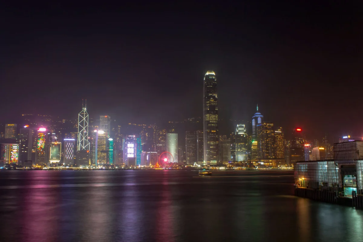 A stunning view of Hong Kong's iconic skyline illuminated at night