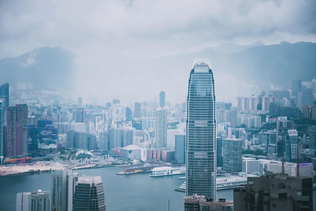 Panoramic view of Hong Kong skyline with skyscrapers and harbor