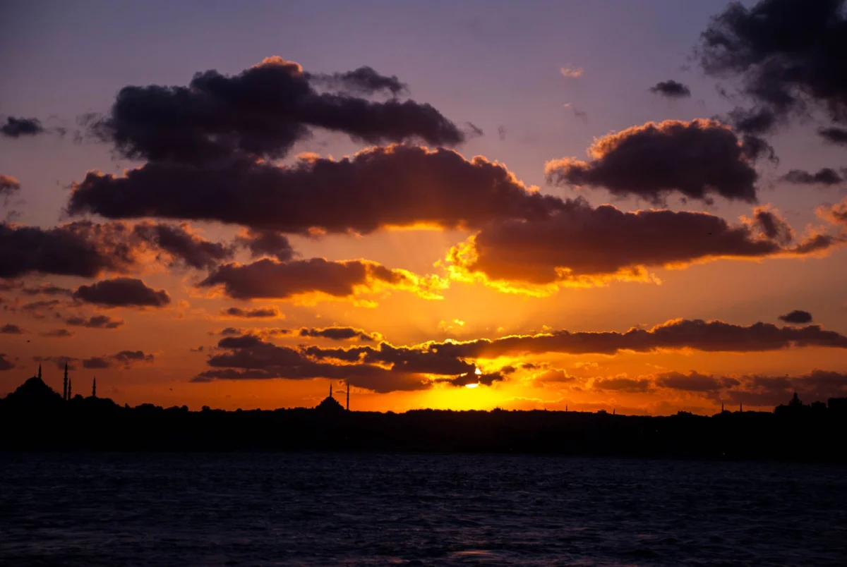 Scenic sunset view of Istanbul Bosphorus, silhouette of the skyline