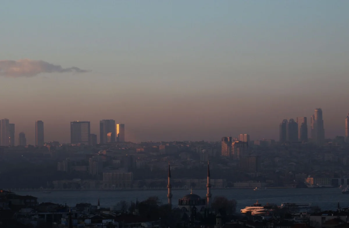 Istanbul skyline with Bosphorus and minarets at sunset