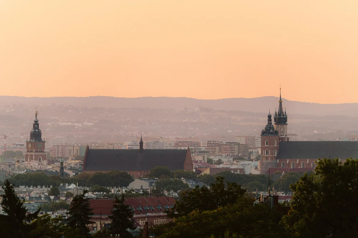 View of Krakow city skyline with historical buildings