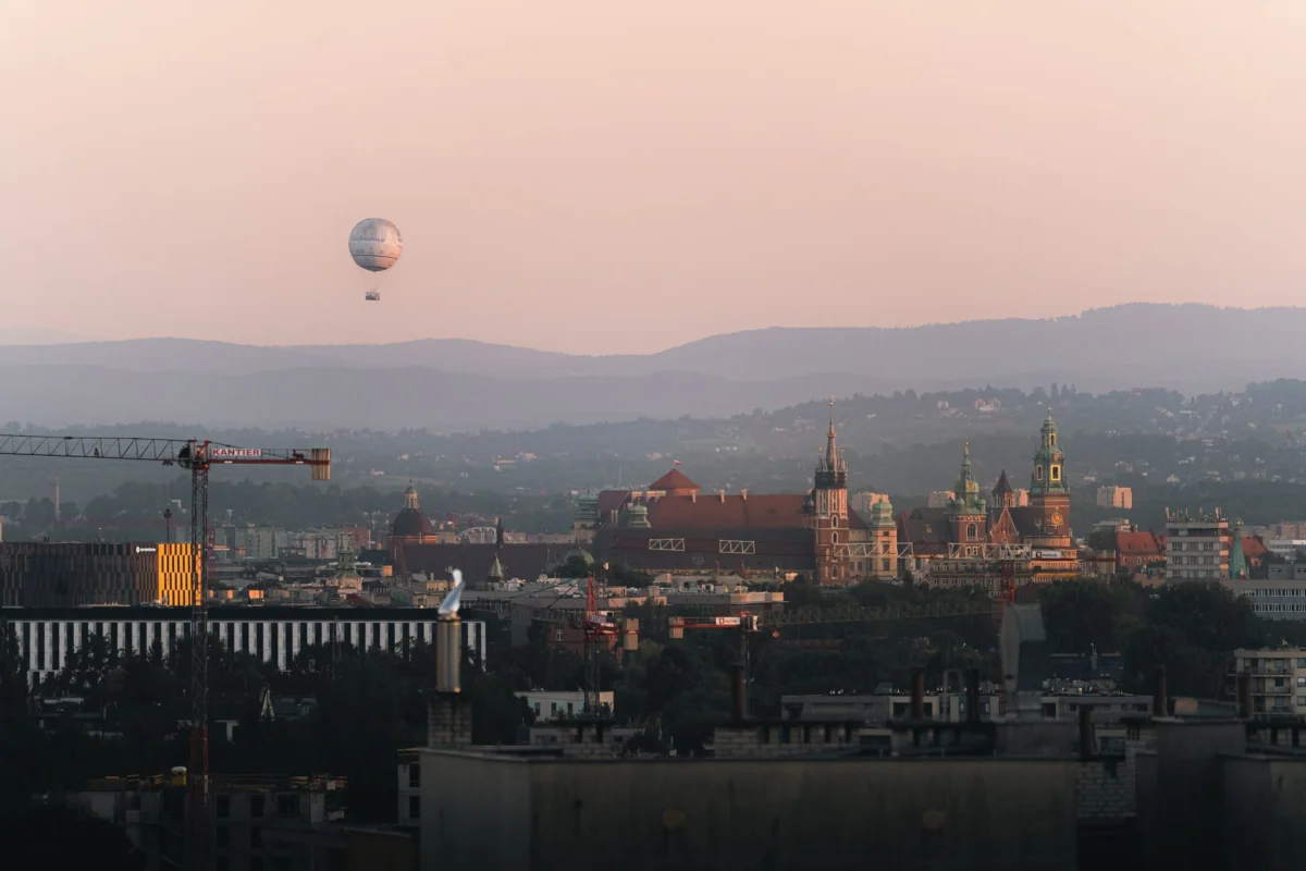 Sunset view of the Krakow cityscape with historic buildings