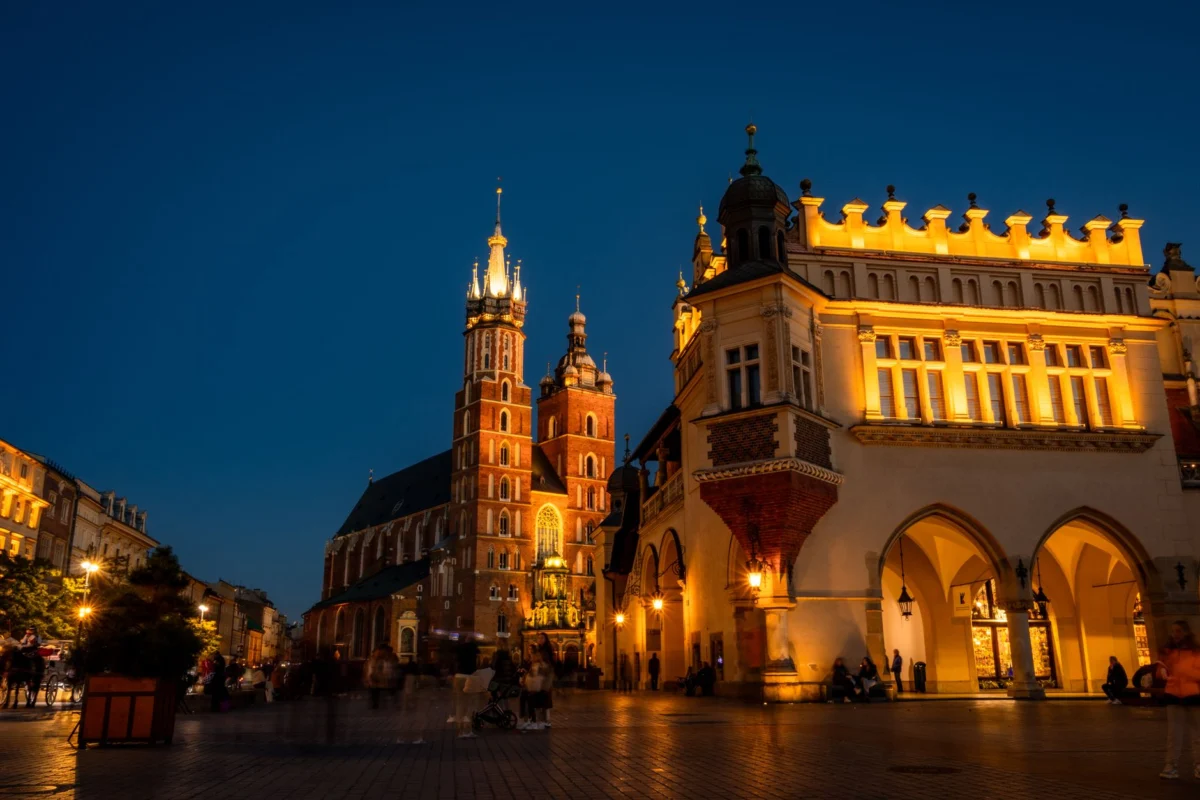 Romantic view of Krakow's main square at sunset