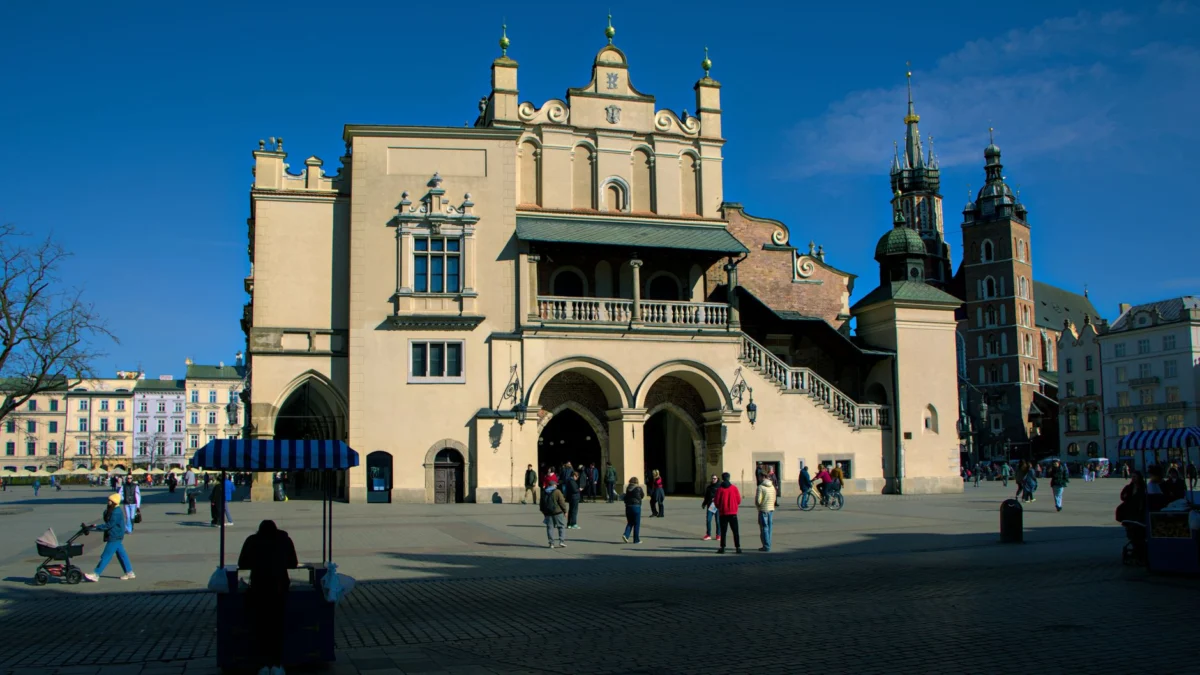 View of Krakow's Main Square bustling with activity
