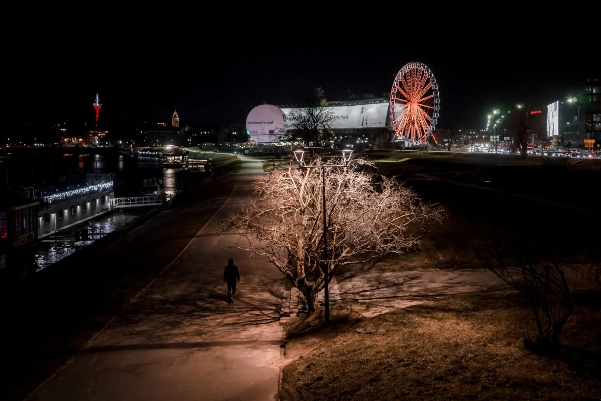 Romantic view of Krakow's skyline illuminated at night