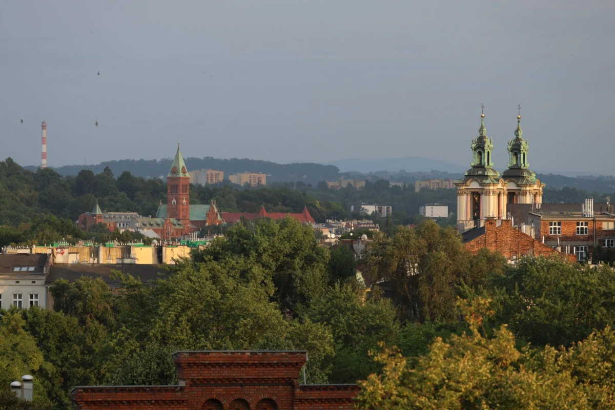 Romantic view over Krakow's iconic old town at sunset