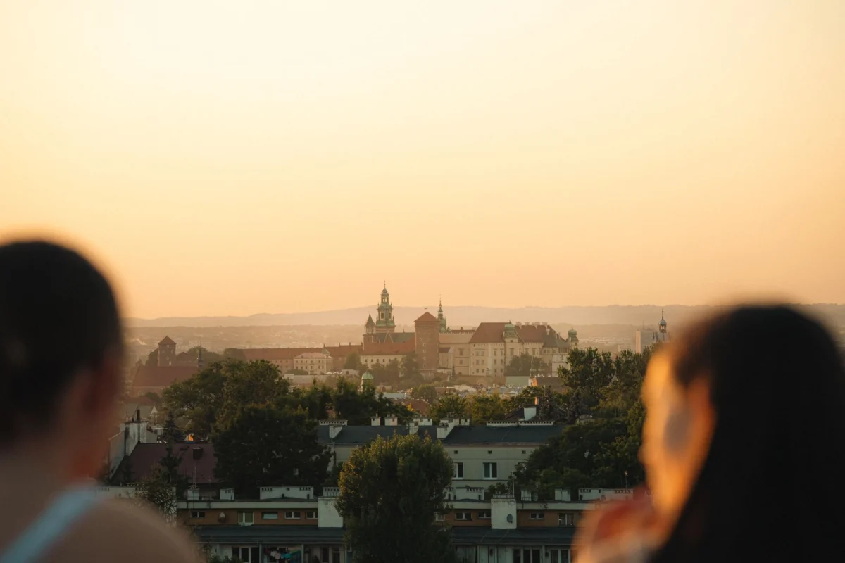 Romantic sunset over Krakow's skyline